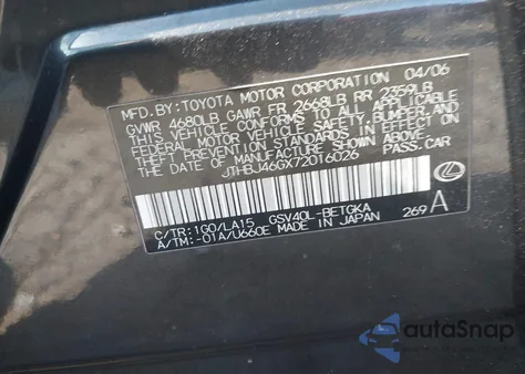 2007 Lexus Es from USA, damaged, VIN JTHBJ4GX72016026